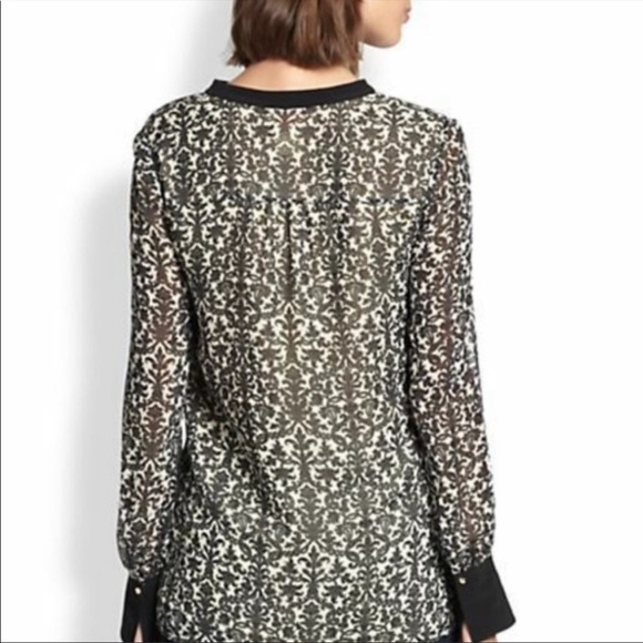 Tory Burch black solid trim printed silk semi-sheer split neck tunic 12 - Picture 13 of 13